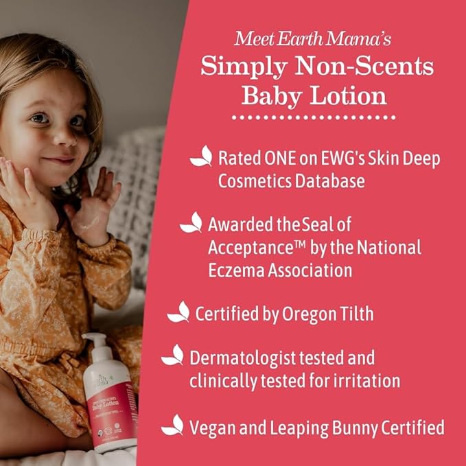 Earth Mama Simply Non-Scents Baby Lotion for Dry Skin, Calendula Cream for Newborn Skin Care, Organic Moisturizer for Children with Aloe Juice, Rooibos, & Shea Butter, Fragrance Free, 8-Fluid Ounce