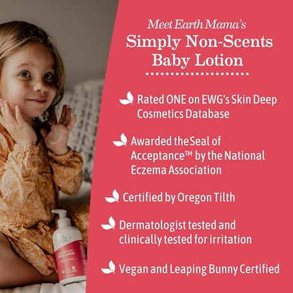 Earth Mama Simply Non-Scents Baby Lotion for Dry Skin, Calendula Cream for Newborn Skin Care, Organic Moisturizer for Children with Aloe Juice, Rooibos, & Shea Butter, Fragrance Free, 8-Fl oz (2-Pk)