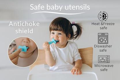 Growing Love Baby Spoons Set, Self Feeding 6 months, Pre-Spoon, Baby utensils, Toddler spoon, training spoon, cuchara bebe, blw, 100% silicone, Anti choke shield (pink)