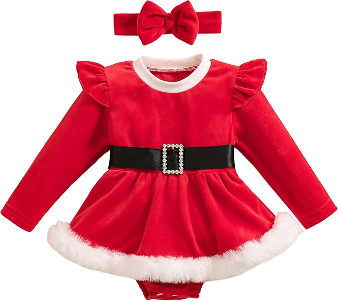 Newborn Infant Baby Girl Christmas Clothes Santa Claus Romper Dress Fur Trim Velvet Jumpsuit Bodysuit Hat Costume