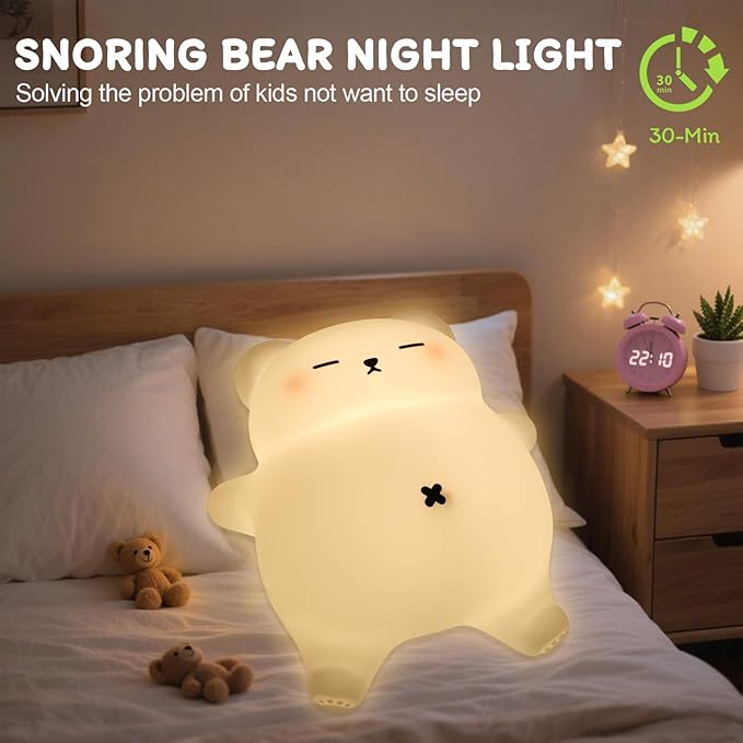 Bear Night Light for Nursery, Rechargeable Soft Silicone Baby Night Lamp with 3-Level Dimming, Touch Control, 30-Min Timer & Soothing Snore Sound, Moving Tummy, Cute Sleepy Bear Kids Bedroom Decor