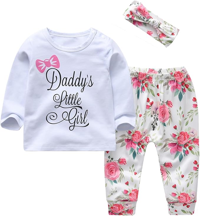 KuKitty 3Pcs Baby Girl Outfits Set Long Sleeve T-Shirt Tops Flowers Pants with Headband
