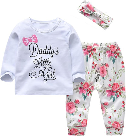 KuKitty 3Pcs Baby Girl Outfits Set Long Sleeve T-Shirt Tops Flowers Pants with Headband