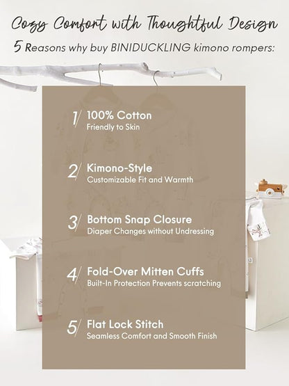 BINIDUCKLING Newborn Kimono Side Snap & Tie Wrap Over Long Sleeve Romper with Mitten Cuffs