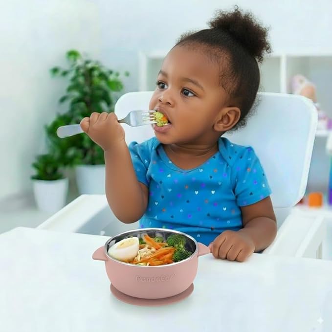 PandaEar 3 Pack Stainless Steel Baby Suction Bowls, Non-Slip Child Food Bowl with Silicone Sleeve for Kids Toddlers Infants, Unbreakable & Mess Free (Pink)