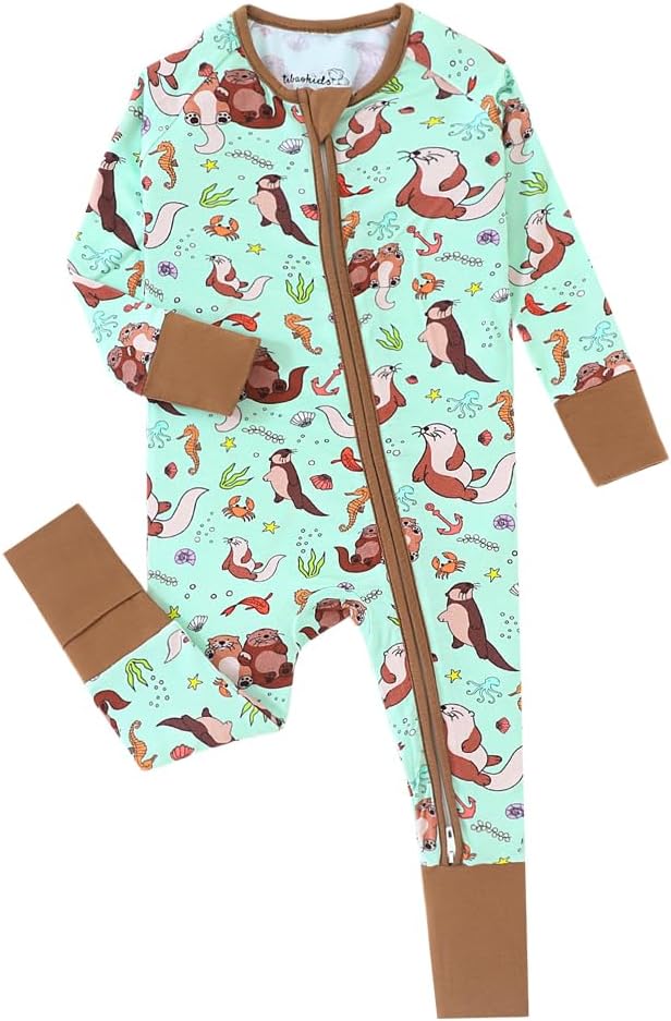 Seals Print Bamboo Fiber Baby Romper with 2 Way Zipper and Long Sleeve Romper for Boys and Girls