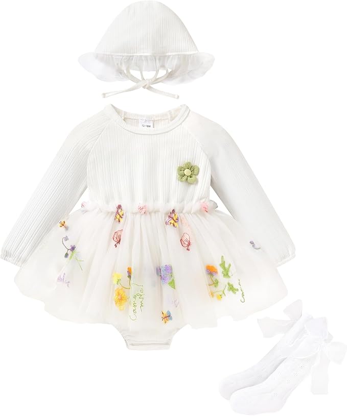 YOUNGER TREE Newborn Baby Girl Romper Dress Outfits Long Sleeve Floral Tutu Bodysuit with Leggings Hat Infant Fall Clothes
