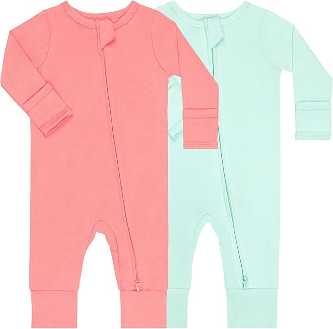 GUISBY Cotton Sleepers Footless Pajamas with Zipper and Mittens Long Sleeve Rompers for Baby