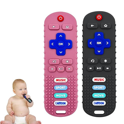 SOLIFEGOBLE 2 Pack Toy Remote for Baby,Silicone Remote Teether for Babies,Baby TV Remote Toys,Infant Chew Toys for Babies Chew Toys (Black + Pink)