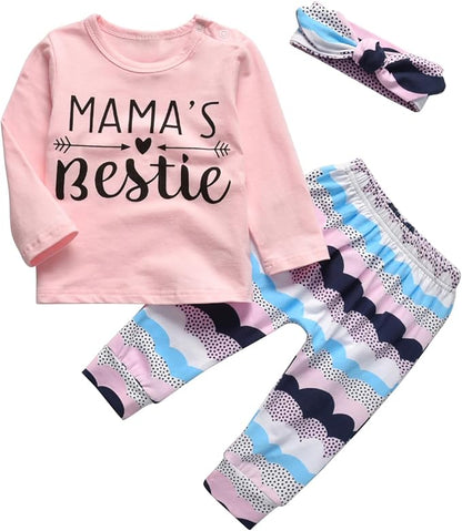 KuKitty 3Pcs Baby Girl Outfits Set Long Sleeve T-Shirt Tops Flowers Pants with Headband