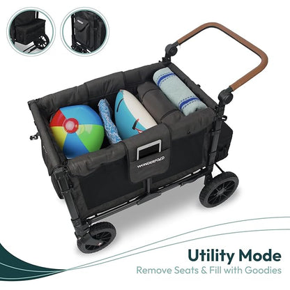 WONDERFOLD W4 Luxe Stroller Wagon (4 Seater) - Collapsible Wagon Stroller with Seats with Magnetic Buckle 5-Point Harnesses and Sun Canopy, Noble Navy