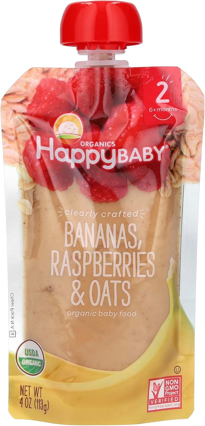 Happy Baby Organics Stage 2 Baby Food Pouches, Gluten Free, Vegan & Healthy Snack, Clearly Crafted Fruit & Veggie Puree, Bananas, Raspberries & Oats, 4 Ounces (Pack of 1)