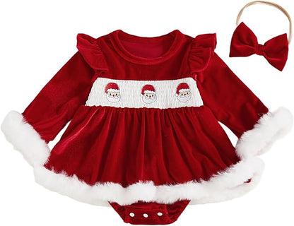 Hnyenmcko Newborn Baby Girl Christmas Clothes Infant Red Plaid Romper Dress Ruffle Long Sleeve Ribbed Bodysuit Headband Set