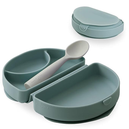 Miniware Fold & Scoop - Silifold Baby Feeding Set with Foldable Silicone Plate & Child-Sized Spoon - Compact, Portable, Dishwasher-Safe, Suction Base for Mess-Free Eating (Eucalyptus and Oat)