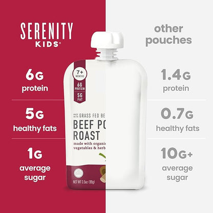 Serenity Kids 7+ Months Beef Pot Roast Bone Broth Puree Baby Food Pouches - No Added Sugar Beef Bone Broth Puree - Protein-Packed Toddler Meal - BPA-Free Toddler Food Pouch - 3.5 Oz, Pack of 12