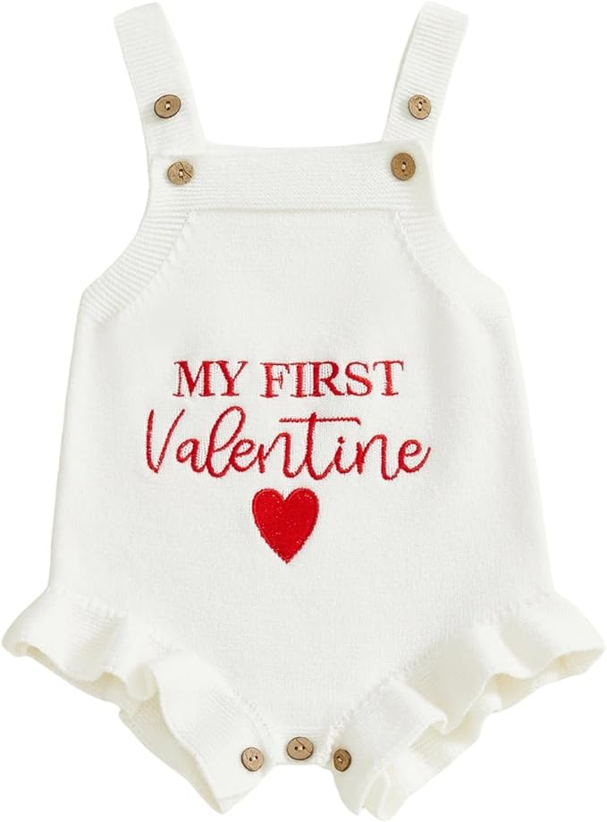 Infant My First Valentines Baby Girl Outfit Newborn Button Heart Embroidery Knit Romper Bubble Bodysuit One Piece