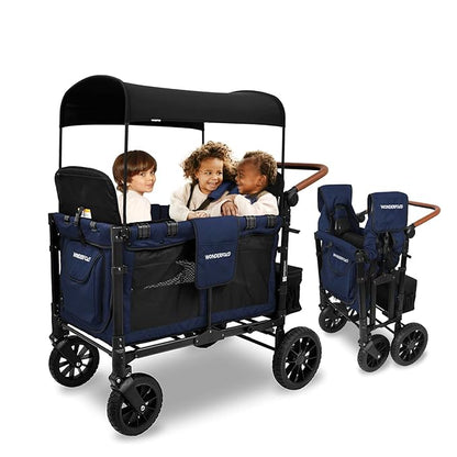 WONDERFOLD W4 Luxe Stroller Wagon (4 Seater) - Collapsible Wagon Stroller with Seats with Magnetic Buckle 5-Point Harnesses and Sun Canopy, Noble Navy