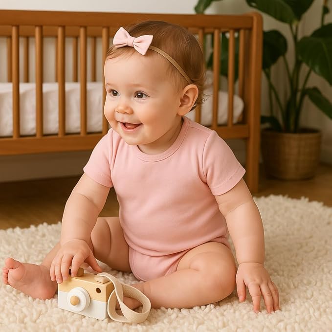 ROMPERINBOX Baby Girl Short Sleeve Onsies, 3 Pack Multi Colors Baby Bodysuit, Knitted Solid, Crew Neck 0-24 Months