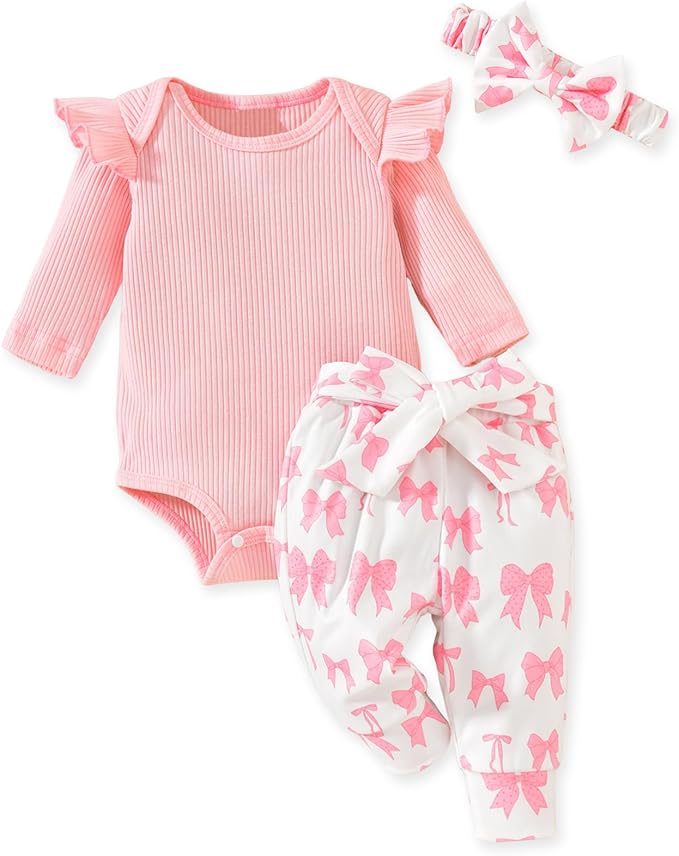 Aalizzwell Preemie Newborn Infant Baby Girls Clothes Ribbed Romper Bodysuit Pants Set Fall Winter Outfits