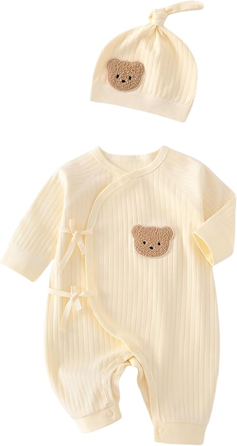 Baby Ribbed Romper and Hat Set with Bear Applique, 100% Cotton Infant Bodysuit, White, Long Sleeve