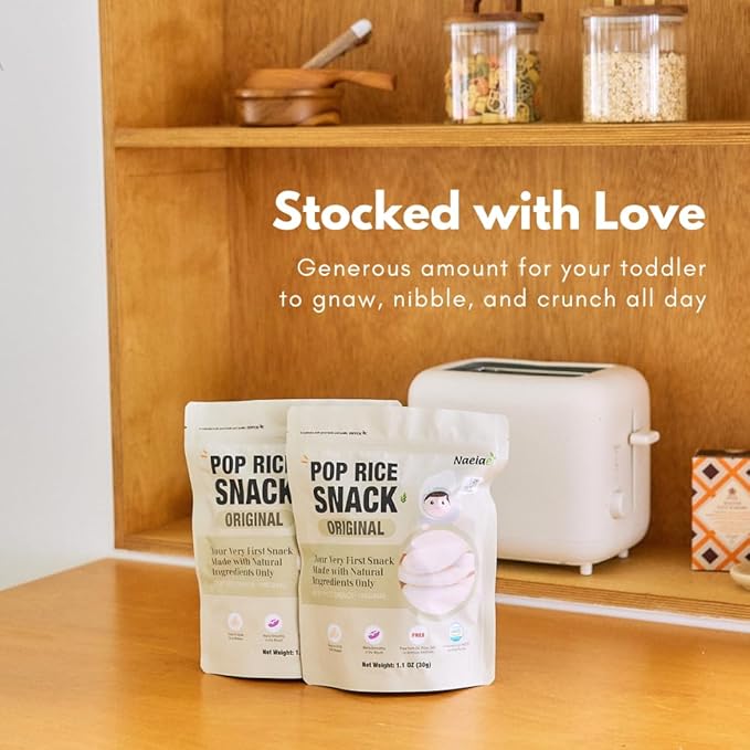 Naeiae Pop Organic Snack, Rice Puffs Teething Snack for Babies & Toddlers (100% Korean Rice, Naturally Gluten-Free, No Oil) Wholesome Baby Teether Food, Nutritious Finger Snacks for 6 Months to 2 Years, 5-Pack