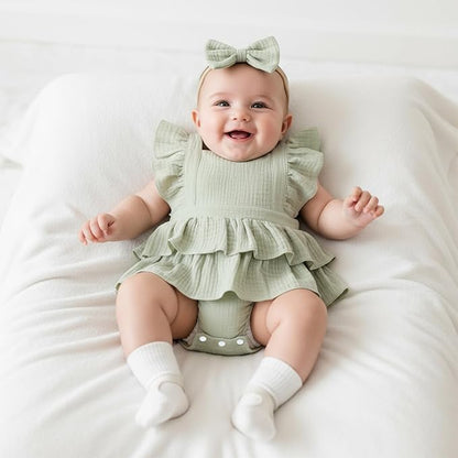 Thorn Tree Baby Girl Summer Clothes Newborn Outfit Ruffle Romper Infant Baby Dress Bow Headband Solid Cute Outfits Girls