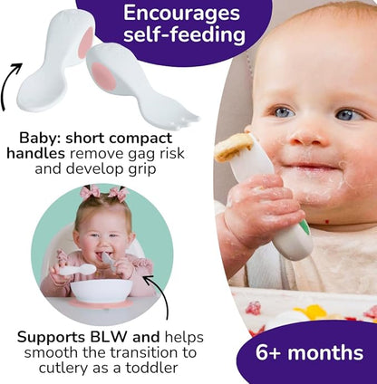 doddl Baby Cutlery Set (6–12 Months) – Spoon & Fork for Weaning, BLW Self-Feeding – Easy-Grip Handles & Safe Short Design Dusky Rose (Twin Pack)