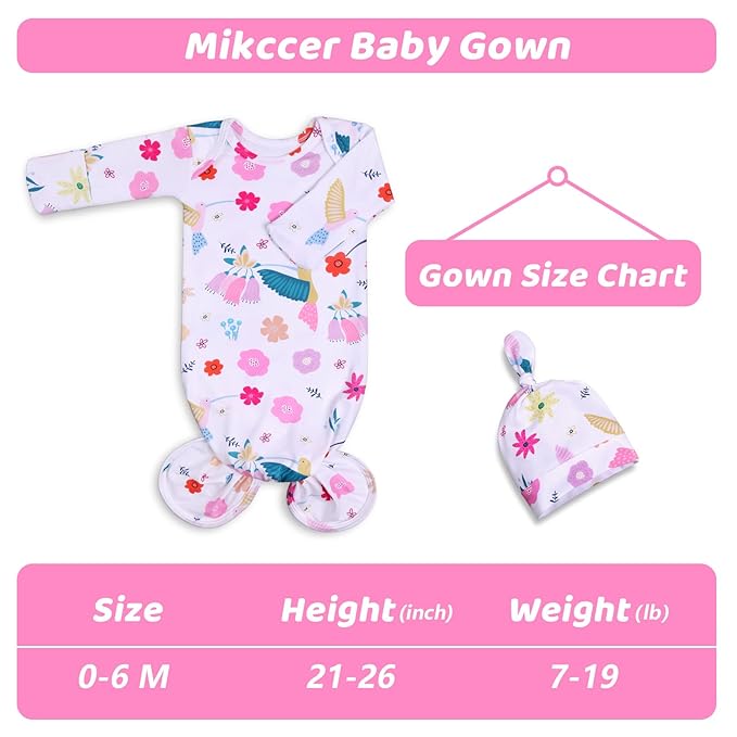Newborn Baby Girl Gown 0-6 Months, Super Soft Newborn Sleepers Gown, Long Sleeve Infant Nightgown for Girls, Baby Girl Outfit Essential with Folding Gloves Hat Set Flower Bird