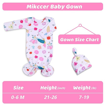 Newborn Baby Girl Gown 0-6 Months, Super Soft Newborn Sleepers Gown, Long Sleeve Infant Nightgown for Girls, Baby Girl Outfit Essential with Folding Gloves Hat Set Flower Bird