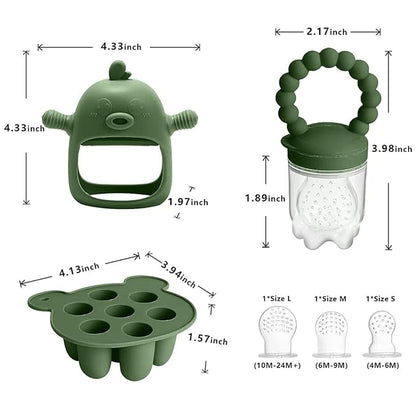 Baby Fruit Food Feeder Breastmilk Popsicle Molds for Teething Relief - 3 Pack Feeding Sets -1 Freezer Tray with Lid & 1 Teether & 1 Silicone Pacifier + 3 Extra Sizes Infant Feed Mesh (Olive Green)