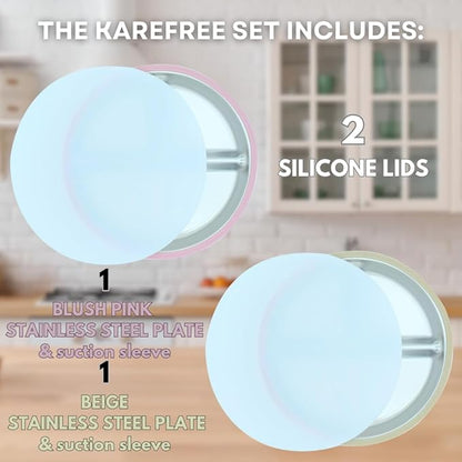Karefree Children’s Minimalist Stainless Steel Suction Plate with Lid – 3-Section, BPA-Free, Food Grade Silicone, Easy Clean, Perfect for Toddlers & Baby Led Weaning (2, Blush Pink and Beige)