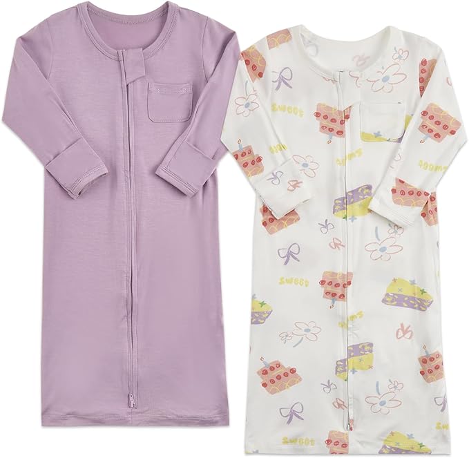 Aablexema Baby Nightgowns Rayon of Bamboo, 2Pcs Newborn Sleeper Gown with 2-way Zipper, Flip Mittens & Foot Cover