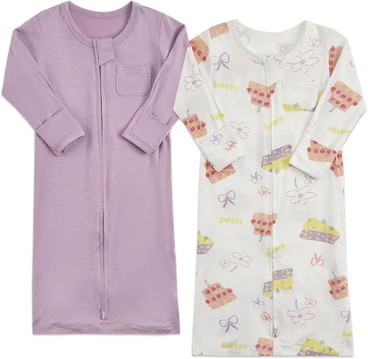 Aablexema Baby Nightgowns Rayon of Bamboo, 2Pcs Newborn Sleeper Gown with 2-way Zipper, Flip Mittens & Foot Cover