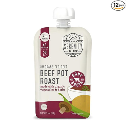 Serenity Kids 7+ Months Beef Pot Roast Bone Broth Puree Baby Food Pouches - No Added Sugar Beef Bone Broth Puree - Protein-Packed Toddler Meal - BPA-Free Toddler Food Pouch - 3.5 Oz, Pack of 12