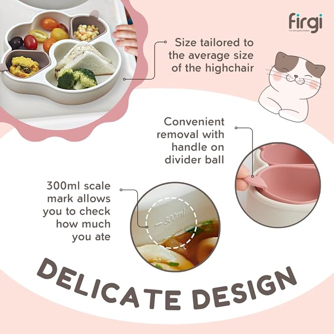 MEOW Taupe Brown Divided Silicone Baby Toddler Suction Plates Non-Slip Silicon Plates Led Weaning Supplies BPA Free Toddler Travel Non-Toxic Kids with Suction