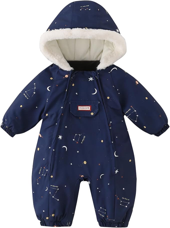 JiAmy Baby Snowsuit Newborn Printed Winter Clothes Outfit Infant Boys Grils Hooded Double Zippers Jumpsuit Onesie Coat