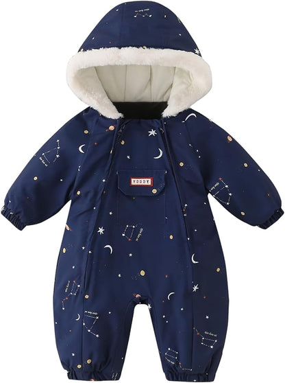 JiAmy Baby Snowsuit Newborn Printed Winter Clothes Outfit Infant Boys Grils Hooded Double Zippers Jumpsuit Onesie Coat