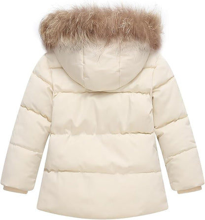 Kids Girls Winter Fleece Lined Puffer Jackets Fur Collar Hooded Parka Snow Coats