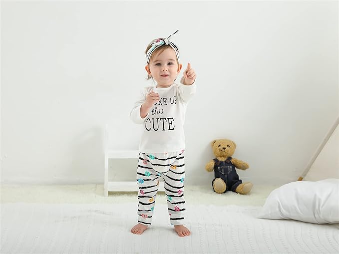 KuKitty 3Pcs Baby Girl Outfits Set Long Sleeve T-Shirt Tops Flowers Pants with Headband
