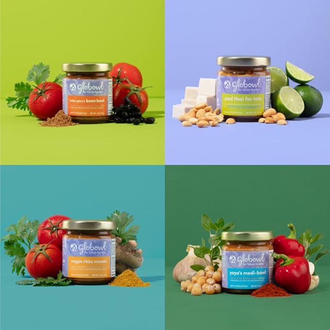 Globowl Stage 3 Baby Food & Toddler Meals, 6+ Months Early Allergen Introduction, Baby Led Weaning, International Whole Food Snacks for Toddlers, Babies, 4 oz Glass Jar, Variety 4-Pack