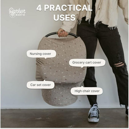 Parker Baby 4 in 1 Car Seat Cover for Girls and Boys - Stretchy Carseat Canopy, Nursing Cover, Grocery Cart Cover, High Chair Cover - “Pebble”