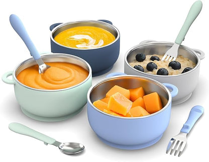 Toddler Feeding Suction Bowls and Utensils Set, 2-in-1 Stainless Steel 304 Kids Bowl & Silicone Suction Baby Bowl with Spoons and Forks, First Self-feeding Training Set, Ocean Explorer