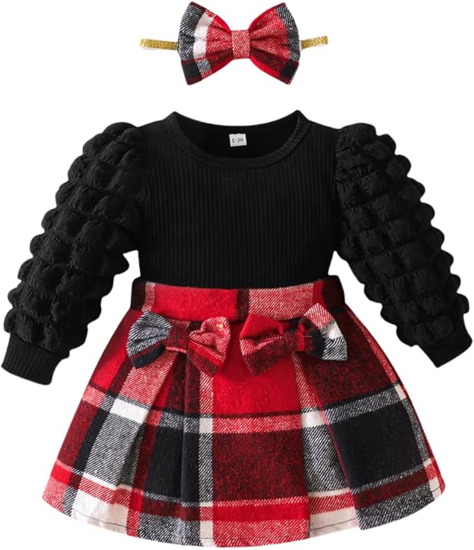Toddler Baby Girl Plaid Dress Puff Sleeve Bow Patchwork Ribbed Shirts Dress Plaid Fall Winter Outfits with Headband