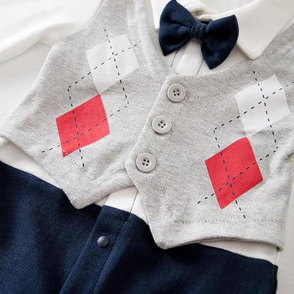 HUAANIUE Newborn Baby Boys Gentleman Romper One Piece Long Sleeve Bowtie Outfit Formal Wear Tuxedo Suit