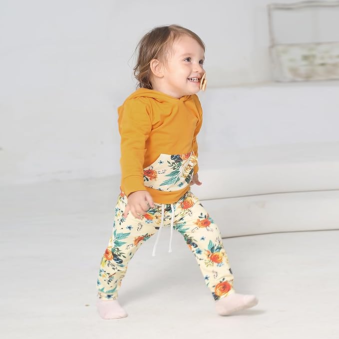 Eghunooy Baby Girl Clothes Long Sleeve Floral Hoodie Sweatshirt Pants with Pocket Headband Outfit Sets