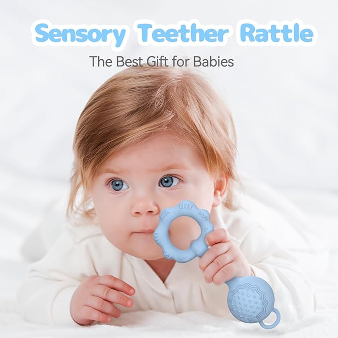 Teethers for Babies 6-12 Months, Rattles for Babies 0-6 Months, 2-in-1 Rattle and Teether Toy for Soothing Sore Gums and Keeps Little Ones Entertained, Food Grade Silicone, Blue