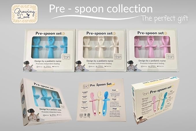 Growing Love Baby Spoons Set, Self Feeding 6 months, Pre-Spoon, Baby utensils, Toddler spoon, training spoon, cuchara bebe, blw, 100% silicone, Anti choke shield (pink)