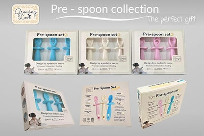 Growing Love Baby Spoons Set, Self Feeding 6 months, Pre-Spoon, Baby utensils, Toddler spoon, training spoon, cuchara bebe, blw, 100% silicone, Anti choke shield (pink)