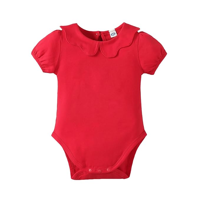 0-24M Infant Girls Ruffle Collar Romper Baby Girl Solid Color Bodysuit Casual Jumpsuit (Red short, 12-18 Months)