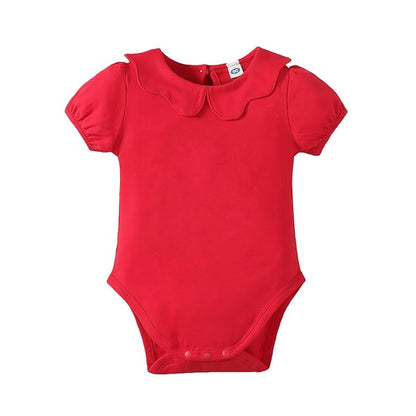 0-24M Infant Girls Ruffle Collar Romper Baby Girl Solid Color Bodysuit Casual Jumpsuit (Red short, 12-18 Months)